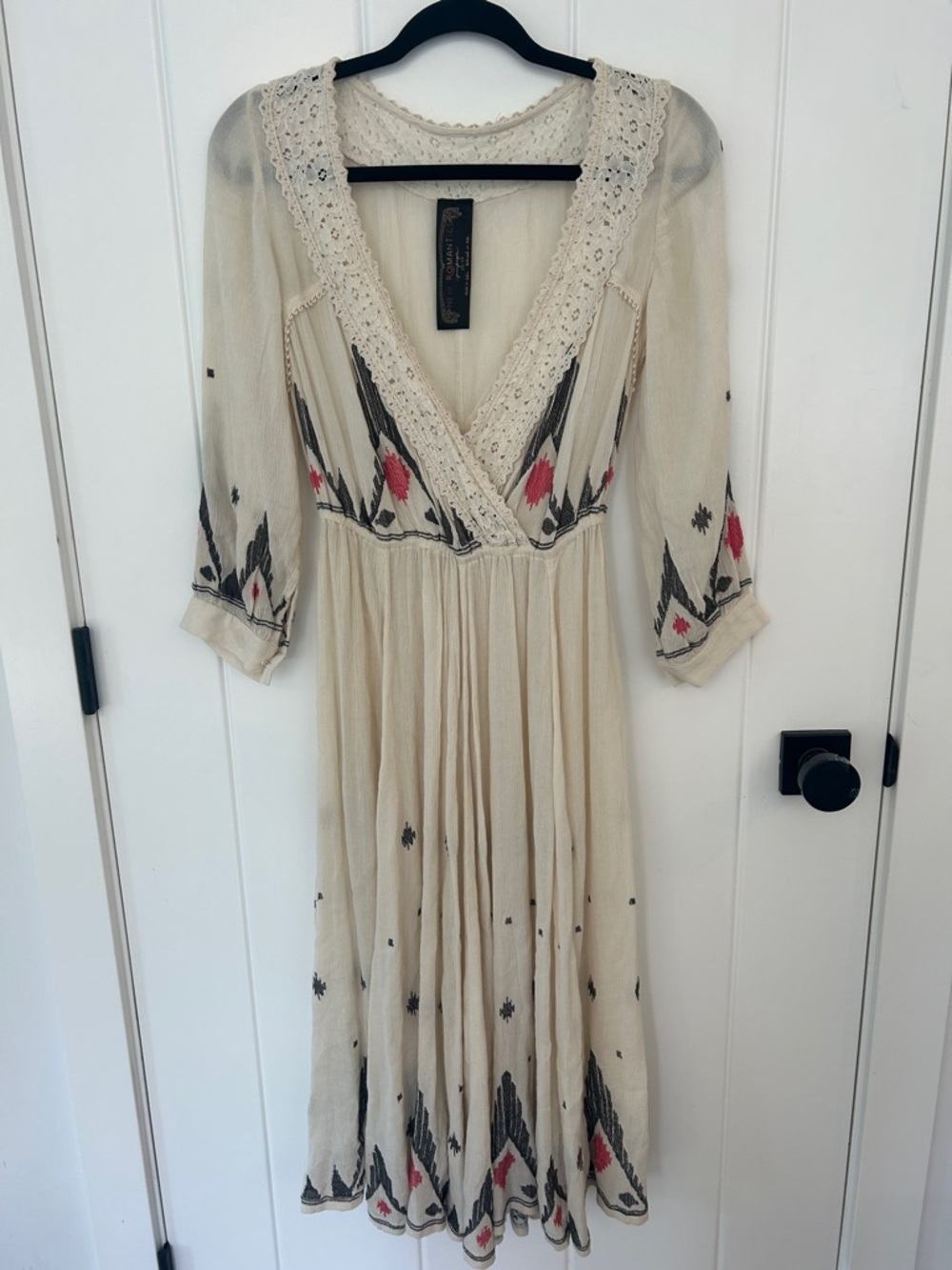Free People Cream Midi Dress with Black and Pink Embroidery